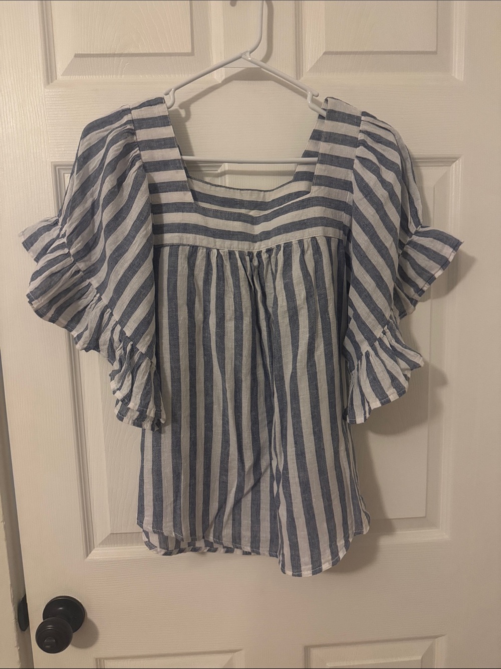 beachlunchlounge Blue and White Striped Ruffle Sleeve Blouse